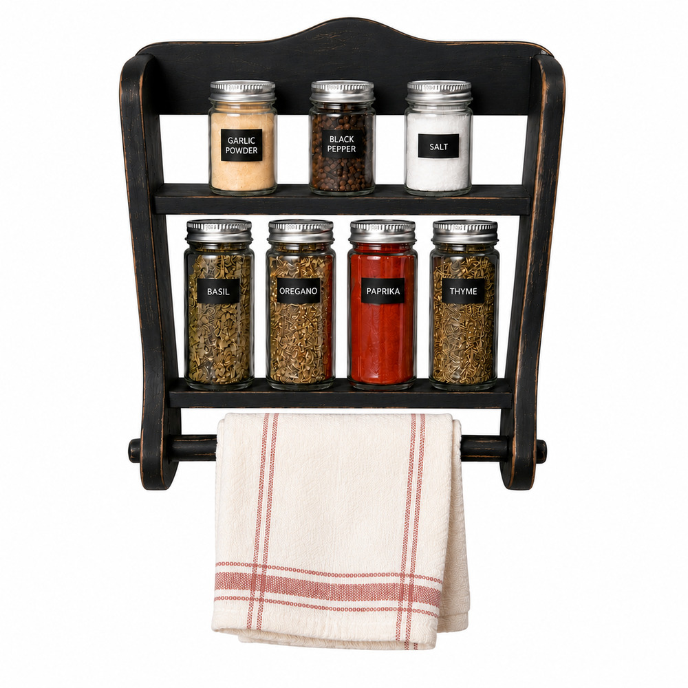 Rustic Wooden Black Spice Rack w/ Towel Holder 15.5" High x 14" Wide x 3" Deep